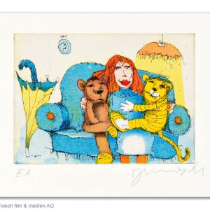 Janosch - Grafik - Da sassen sie zusammen auf dem Sofa